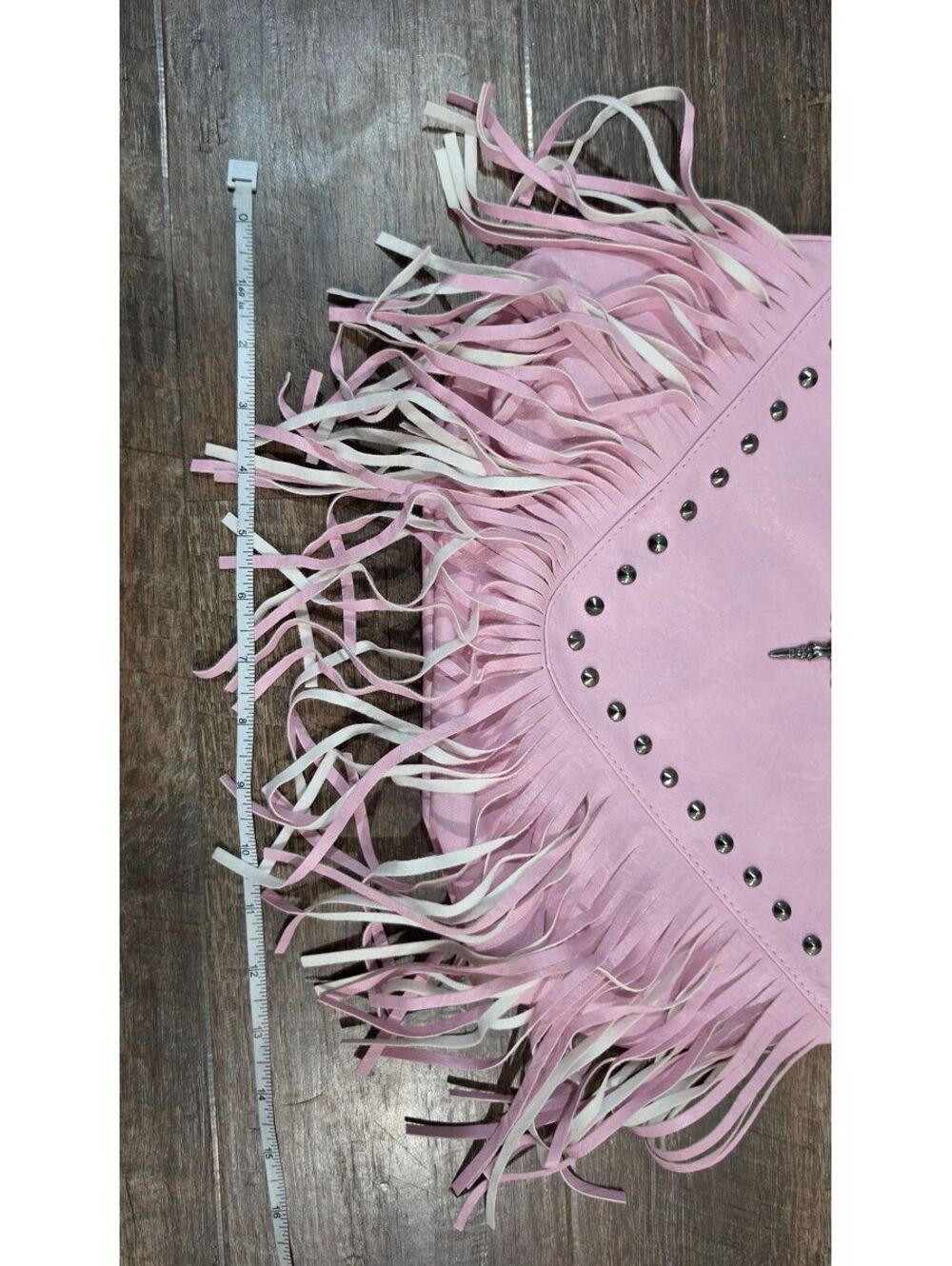 Pink Faux Leather Fringe Crossbody Bag with Studded Detail - Picture 5 of 9